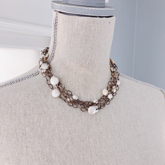 Multi-Strand Pearl Necklace on Oxidized Silver Chain, Boho Style, 13.5" - 16.5" - Picture 5 of 9
